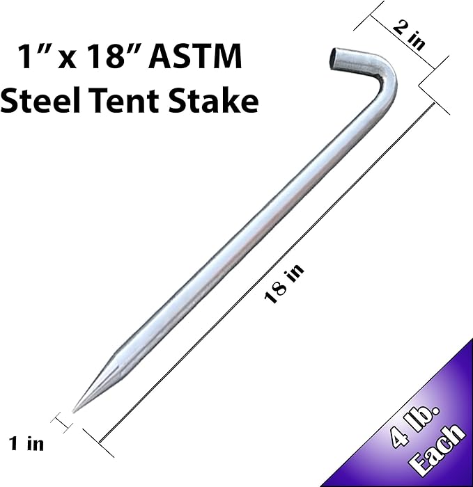 Moose Supply Steel Tent Stakes Heavy Duty Ground Stake, Metal Stakes to Anchor Commercial Inflatables, Outdoor Camping Canopy, Fence, Garden Tent Accessories, 1" Diameter x 18" Length, 10 Pack