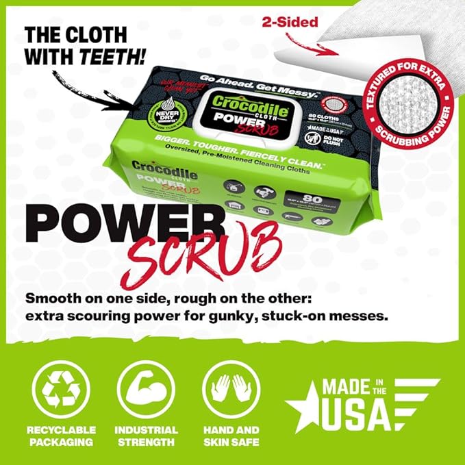 Crocodile Cloth Power Scrub - 6 pack. 480 (15" x 10") Heavy Duty Cleaning Wipes. Safe on Skin & Multiple Surfaces. Infused with Aloe & Vitamin E. Textured, Large, Pre-Moistened & Absorbent.