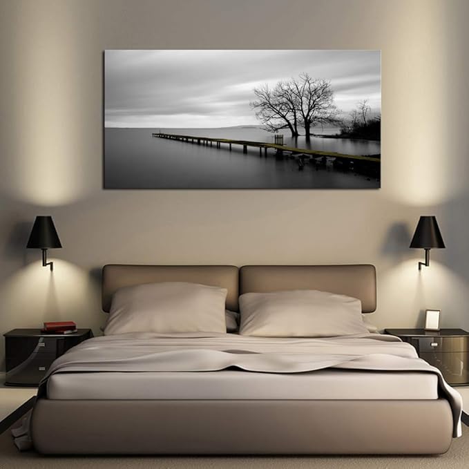 DZL Art S74975 Canvas Prints Modern Minimalist Black and White Lake Trees Landscape Wall Art Painting for Living Room Bedroom Decor Office Wall Decor Home Decoration