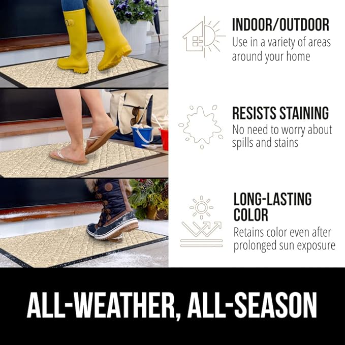 GORILLA GRIP 100% Waterproof All-Season WeatherMax Doormat, 72x24, US Designed Natural Rubber, Stain and Fade Resistant, Low Profile Indoor Outdoor Door Mats, Easy Clean Patio Mat, Modern Latte