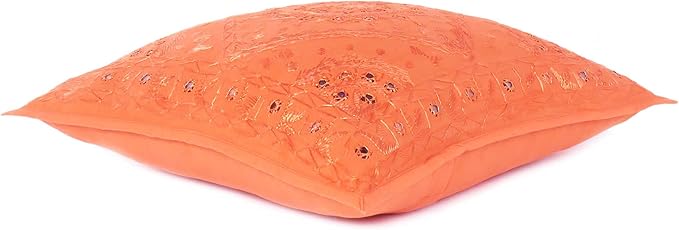 Eyes of India Embroidered Decorative Boho Throw Pillow Cover with Mirrors, Handmade Bohemian Accent Cushion Case for Sofa Couch Bedroom Living Room (Orange, 16" x 16")