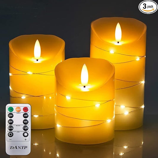 DANIP Ivory LED flameless Candle, with Embedded Star String, 3-Piece LED Candle Set, with 11 Button Remote Control, 24-Hour Timer Function, Dancing Flame, Real Wax, Battery Powered. (Ivory)