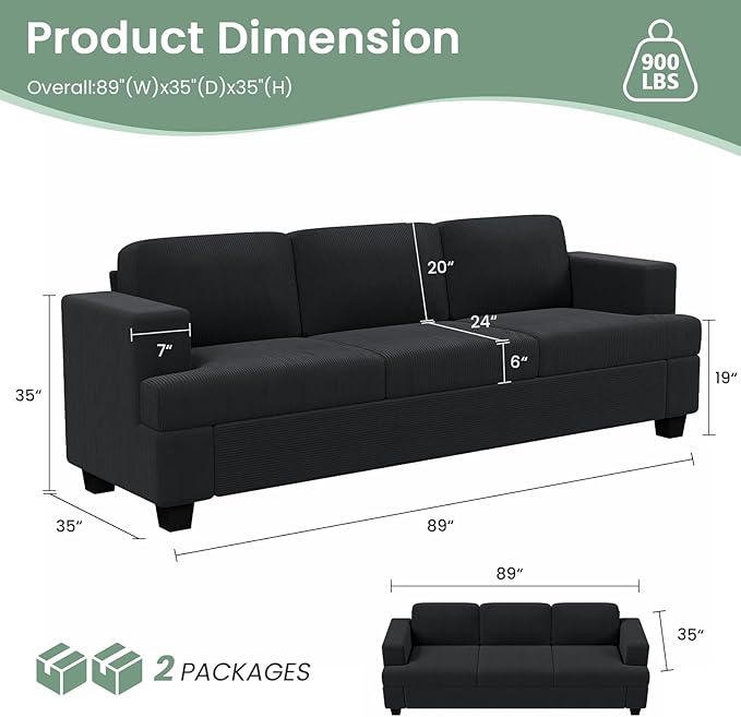 3 Pieces Corduroy Couch Set for Living Room, 8 Seats Cloud Sofa, Deep Seat Floor Couch for Bedroom, Futon Modern Sofa Sectional Bed, Black Corduroy