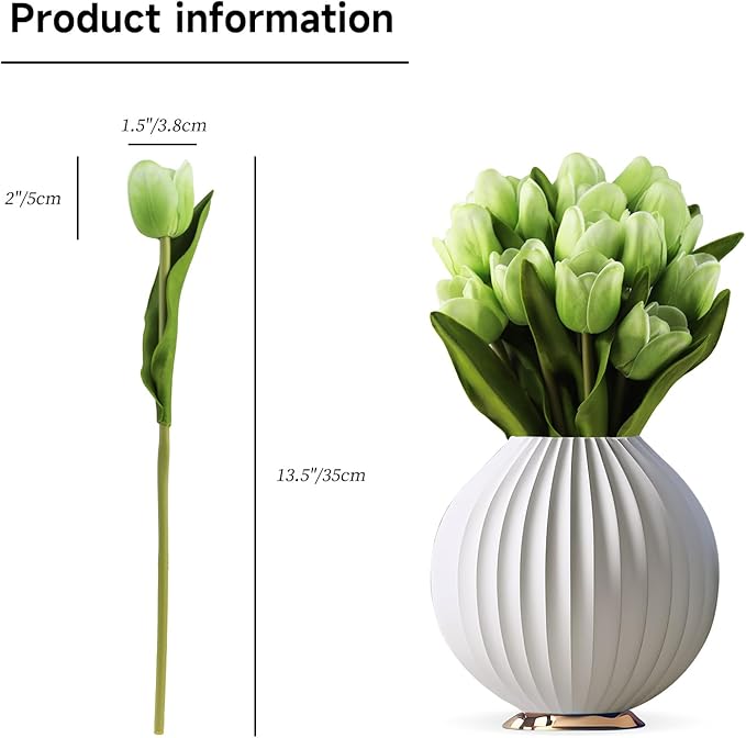 Buart Artificial Tulip in Bulk for Home Kitchen Wedding Bridal Bouquet,Fake Flowers for Valentine's Day Mother's Day Easter Table Centerpieces Decorations(Green,Real-Touch,12pcs)