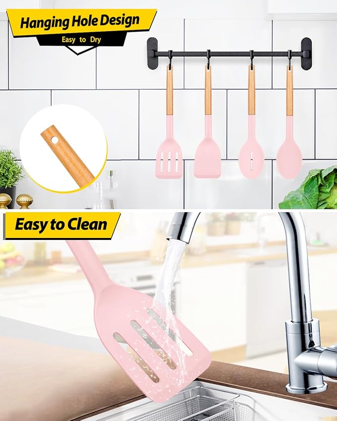 Pack of 4 Silicone Cooking Utensils Set, Non Stick Solid Spatulas and Heat Resistant Slotted Spoons with Wooden Handle, Ideal Wood Kitchen Utensils Set for Frying,Serving,Turning,Stirring (PINK)