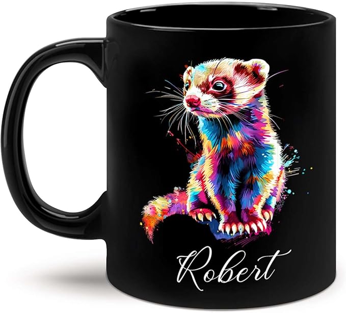 Custom Choose Name Ferret Coffee Mug, Colorful Animal Ceramic Cup, Gift For Ferret Lovers, Personalized 11oz & 15oz Mugs