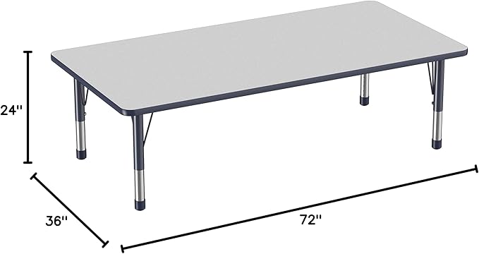 Factory Direct Partners FDP Rectangle Activity School and Classroom Kids Table (36 x 72 inch), Toddler Legs, Adjustable Height 15-24 inches - Gray Top and Navy Edge