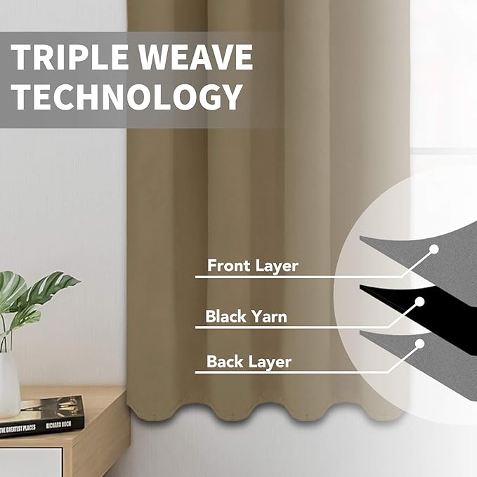 Easy-Going Blackout Curtains for Bedroom, Solid Thermal Insulated Grommet and Noise Reduction Window Drapes, Room Darkening Curtains for Living Room, 2 Panels (52x46 in,Tan)