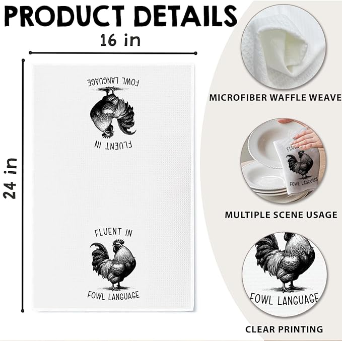 Chicken Dish Towel, Waffle Weave Microfiber Kitchen Cloth, Rustic Rooster Decor Accent, Farmhouse Style Gift for Chicken Lovers, Funny Country Hand Towel for Kitchen Bathroom - A05