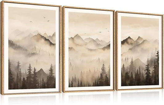 Celestdeco Nature Misty Forest Framed Canvas Wall Art Set, Foggy Landscape Wall Decor, Watercolor Pine Tree Wall Painting, Large Mountains Art Print for Living Room, Bedroom, Office - 24"X36"X3