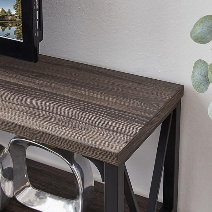 LVB Rustic Console Table, Industrial Modern Sofa Table Behind Couch, Long Metal Wood Entryway Table with Storage Shelf, Farmhouse Foyer Hallway Table for Home Living Room Bedroom, Dark Gray Oak, 63 in