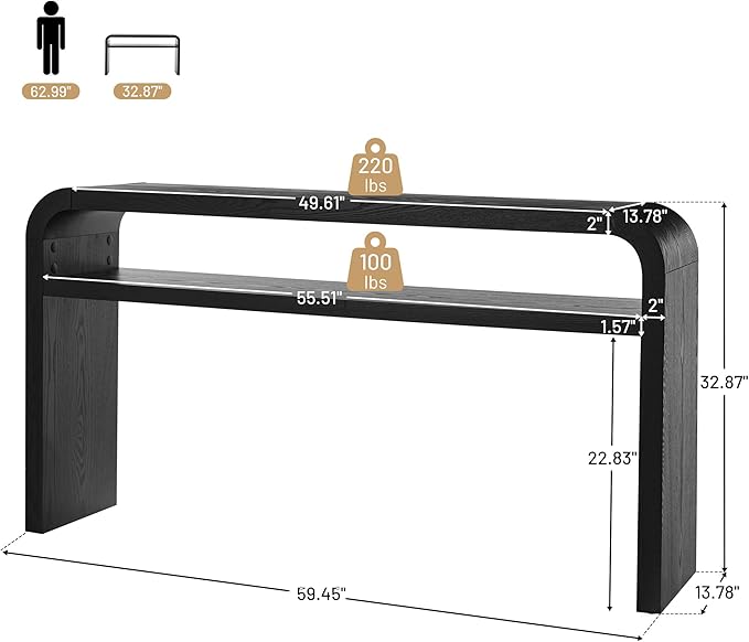 BECHAEO 59-Inch Long Console Table, 2-Tier Thickened Narrow Entryway Table, Farmhouse Console Tables Behind Couch, Retro Industrial Hallway Accent Tables for Living Room, Entrance