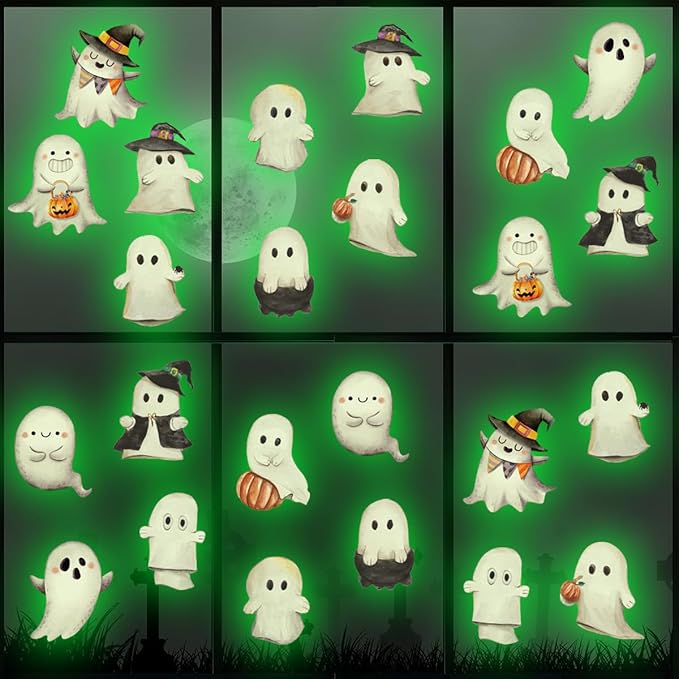Clothmile Glow in The Dark Halloween Ghost Window Clings, Green Luminous Double-Side Window Stickers for Party Decorations, Home, School, Glass