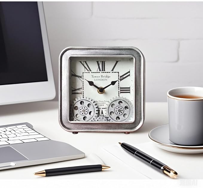 Desk Clock Vintage Metal Table Clocks with Moving Gears, Silent Retro Industrial Steampunk Quartz Small 6 inch End Table Clock for Home Office Living Room Decor Battery Operated