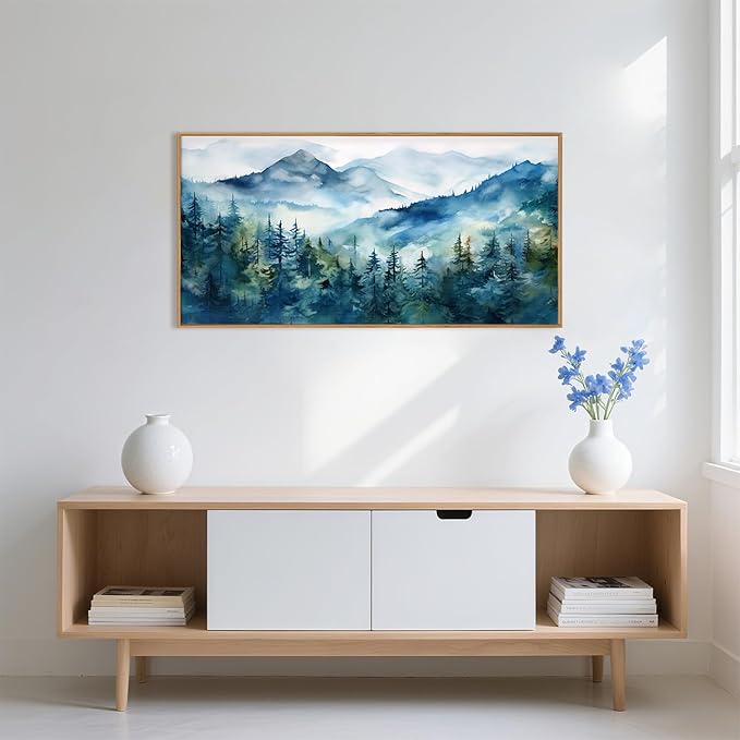 Celestdeco Blue Ridge Mountains Forest Framed Canvas Wall Art Set, Natural Landscape Wall Decor, Green Pine Trees Wall Painting, Woodland Artworks for Living Room, Bedroom, Dining Room - 20"x40"