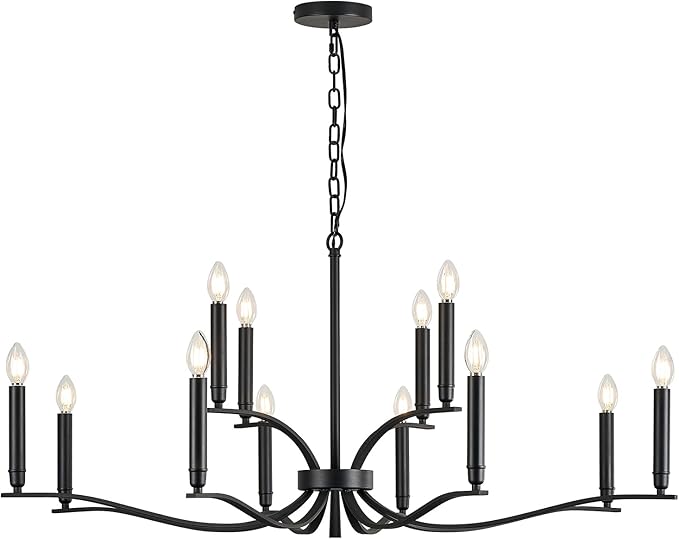 Black Living Room Chandelier 12 Light Hight Ceiling Foyer Candle Chandelier Large Dining Room Light Fixture Over Table 44in Metal Modern Chandeliers Hanging Light for Entry Master Bedroom