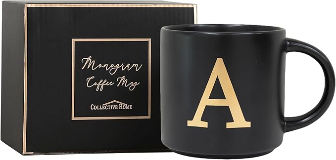 COLLECTIVE HOME - Monogram Ceramic Mugs, 15 oz Golden Initial Black Coffee Cups, Elegant Alphabet Tea Mugs, Elegant Personalized Mug with Gift Box, Unique Mug with Double Side Capital Lette (A-1)