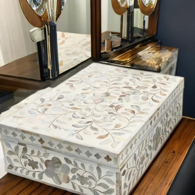 Decorative Storage Box Of Mother Of Pearl Inlay Floral Design Wooden Storage Box For Home Decoration For Living Dining & Bedroom (White_9x6x3.5 inch)