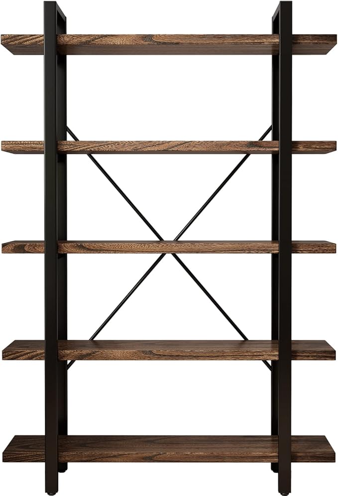 5-Tier Industrial Style Solid Wood Bookcase and Book Shelves,Rustic Wood and Metal Shelving Unit， Living Room,Modern Rustic Open Industrial Book Shelf Office,Distressed Brown (AY-02-5Tier)