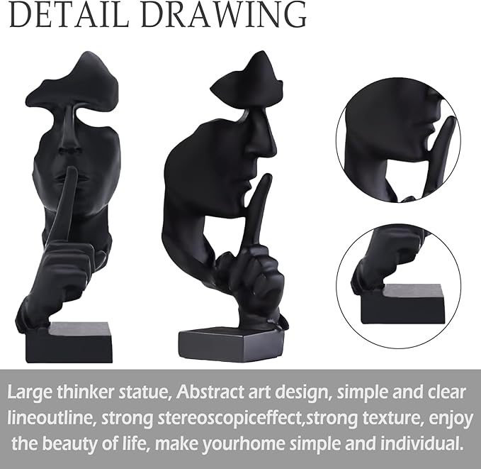 aboxoo Thinker Statue, Silence is Gold Abstract Art Figurine, Modern Home Resin Sculptures Decorative Objects Piano Desktop Decor for Creative Room Home, Office Study Decor (Large Black)