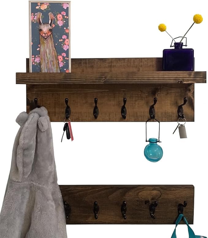 Coat Rack with Shelf Wall Mounted with Storage (Choose Your Length) Towel Rack Entryway Organizer Key Hooks (16" L (4 Hooks) Set of 2)