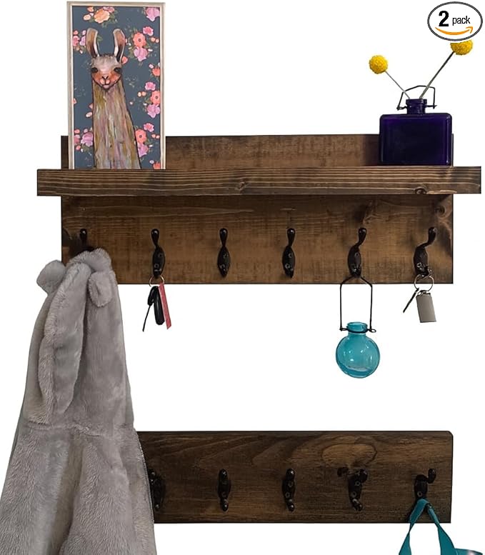 Coat Rack with Shelf Wall Mounted with Storage (Choose Your Length) Towel Rack Entryway Organizer Key Hooks (20" L (5 Hooks) Set of 2)