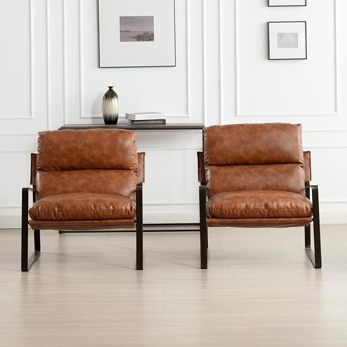 DUOMAY Mid-Century Accent Chairs Set of 2, Comfy PU Leather Leisure Chairs Lazy Chairs with Brozen Metal Leg for Living Room Bedroom Office Apartment, Brown