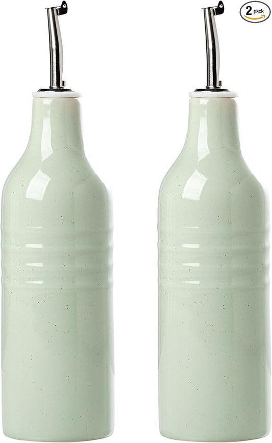 famiware Jupiter 16oz Ceramic Olive Oil Dispenser Bottle, Olive Oil and Vinegar Dispenser Bottle Set of 2 with Stainless Steel Pourers, Suitable for Storage Vinegar, Liquids, Light Green