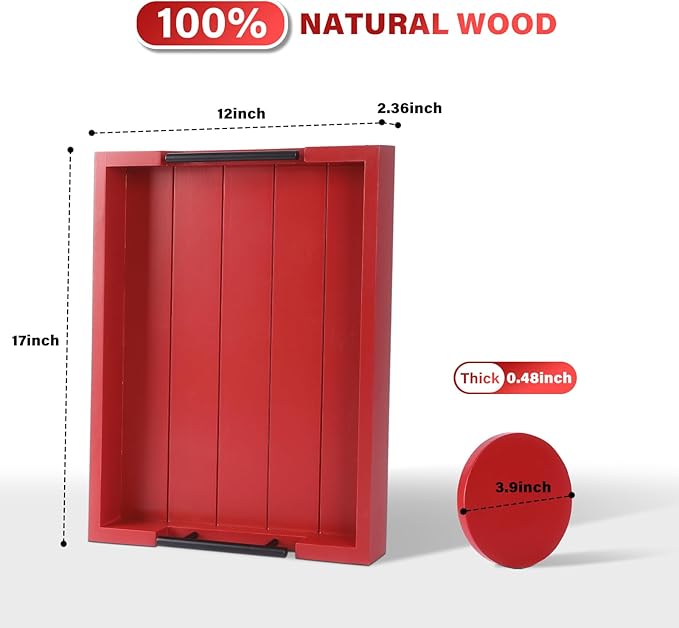 Coffee Table Decorative Serving Tray - 17x13 Inch Wood Tray with 4 Wooden Coasters - Ideal for Ottoman, Breakfast