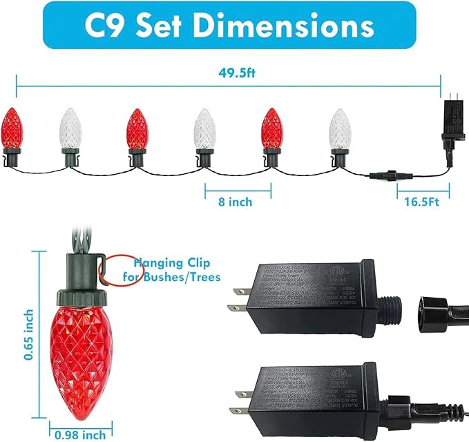 Extendable Red and White 50 LED Waterproof C9 LED Christmas Lights Indoor Outdoor Green Wire, Super Bright C9 Christmas String Lights for Tree, Patio, Easter, Porch, Home, Christmas Decorations