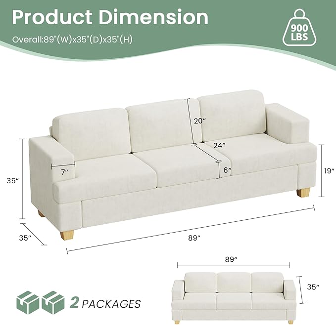 Sofa, 3 Piece Set Comfy Sofa, Loveseat & 2 3-Seater Couch with Deep Seats for Living Room, Modern Sleeper Couch, Beige Chenille