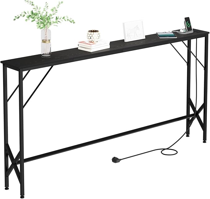 63'' Console Table, Skinny Entryway Table with Fast-Charging Station, Narrow Long Sofa Table, Behind Slim Couch Table for Entrance, Hallway, Living Room Decor ST-BK160-1