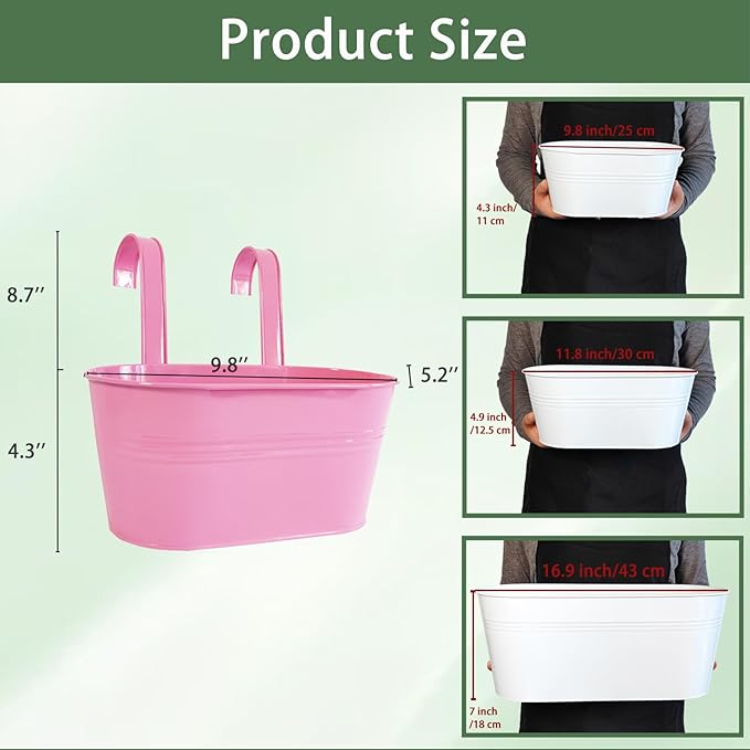 6 Pcs Railing Planter, 10" Metal Hanging Flower Pots for Outdoor Balcony Rails, Fence Pot Hanging Plant Holders with Detachable Hooks for Garden Patio Yard Decor (Multi-Color, 6Pcs)