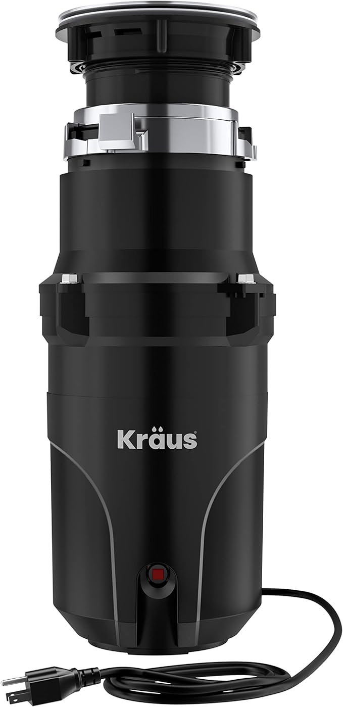 KRAUS WasteGuard 1/3 HP Ultra-Quiet Garbage Disposal with Quick Connect, Kitchen Sink Drain Cover, Power Cord and Flange Included, KWD100-33MBL