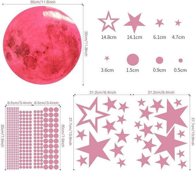 Glow in The Dark Stars and Moon Stickers for Ceiling, Luminous Wall Decals Decor for Bedroom Living Room, 407 dots + 27 Stars + 30cm Moon