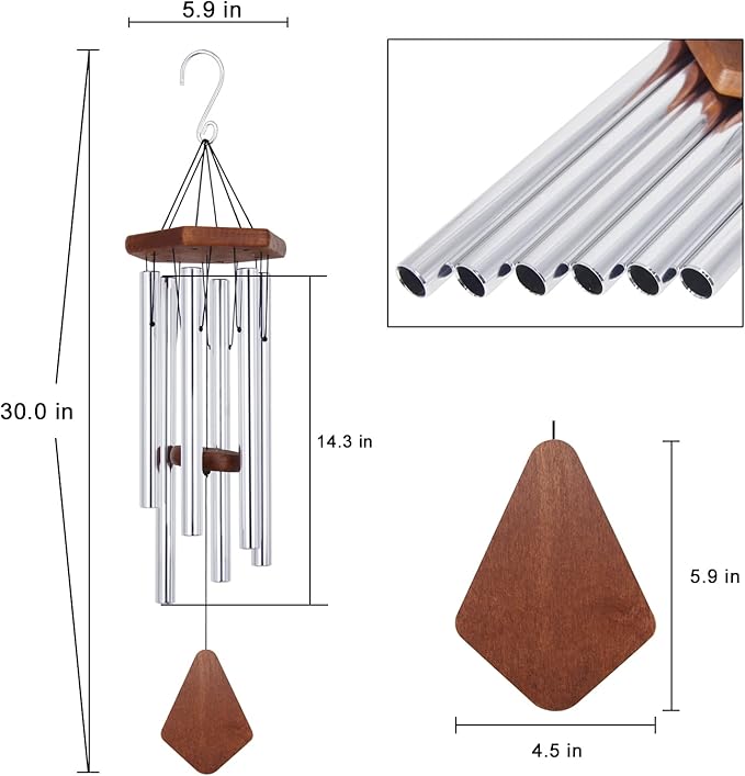 ASTARIN Memorial Wind Chimes for Outside, 30'' Deep Tone, Sympathy Wind-Chime Personalized with 6 Tuned Tubes, Elegant Chime for Garden Patio Balcony and Home Silver