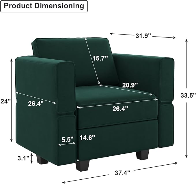 Belffin Velvet Modular Sectional Arm Chair Accent Chair with Storage Seat Single Club Chair for Apartment Green