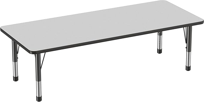 FDP Rectangle Activity School and Classroom Kids Table (30 x 72 inch), Chunky Toddler Leg, Adjustable Height 15-24 inches - Gray Top and Black Edge