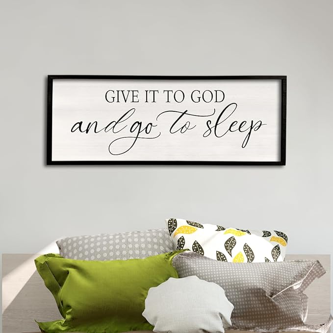 comurdyo Give It To God And Go to Sleep Sign 40''×15'' Master Bedroom Above Bed Wall Decor Wood Framed Couple Large Farmhouse Guest Room Rustic Simple Over Bedside Wall Art Hanging Decor (Black)