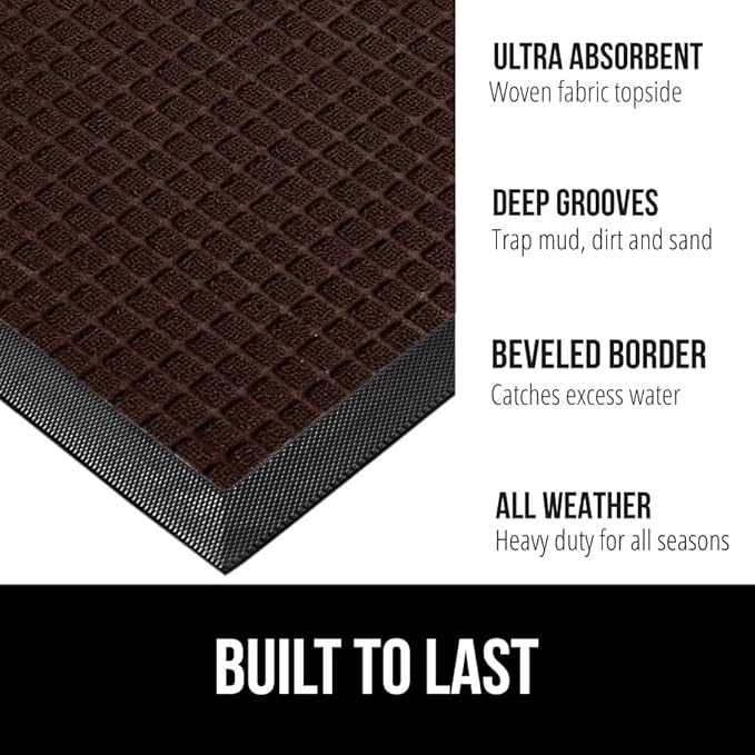 GORILLA GRIP 100% Waterproof All-Season WeatherMax Doormat, 72x24, US Designed Natural Rubber, Stain and Fade Resistant, Low Profile Indoor Outdoor Door Mats, Easy Clean Patio Mat, Coffee Squares