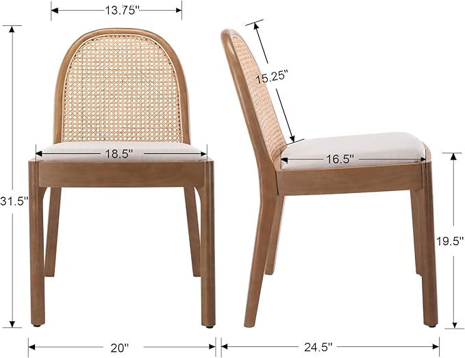 Mid Century Dining Chairs Set of 4, Accent Rattan Linen Fabric Side Chairs Kitchen Chair with Solid Wooden Legs for Living Room Dining Room, Beige
