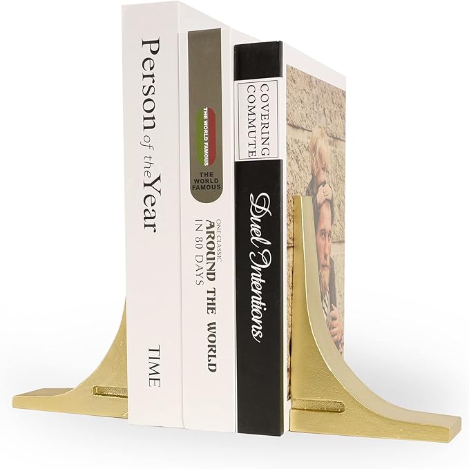 Ambipolar Gold Cast Iron Bookends, Sharp Triangle Theme, Decorative Bookends for Living Room, Office, Desktop, Bookshelves Decor, Bookends for Heavy Books