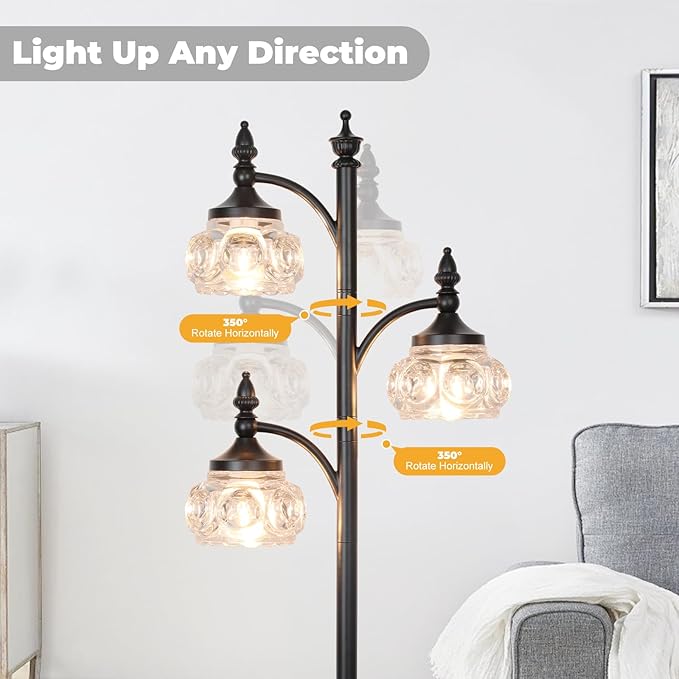 Black Floor Lamp for Living Room,Tall Standing Lamp Dimmable Tree Floor Lamps with 3 Rotatable Lights Glass Shade 66.5'' Modern Corner Lamp for Bedroom Office(3LED Bulbs Included)
