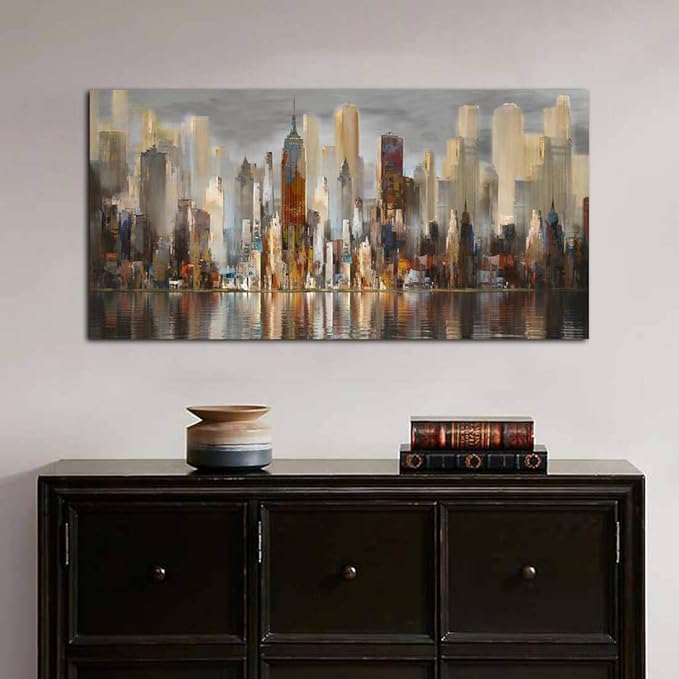 Framed Wall Art Large Cityscape New York Wall Decor Canvas Prints Abstract Brown City Theme Paintings Modern Canvas Wall Art for Living Room Bedroom Big Size 24x48 Framed