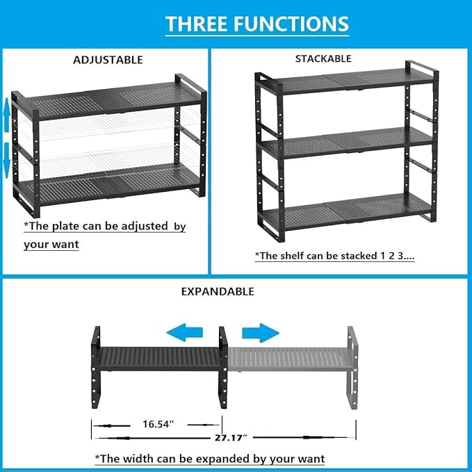 Expandable,Adjustable & Stackable Spice Rack, Cabinet Kitchen Countertop Shelf Organizer,Metal Pantry Storage Shelves - Space-Saving Storage Solution(1Pack/Black/Medium)