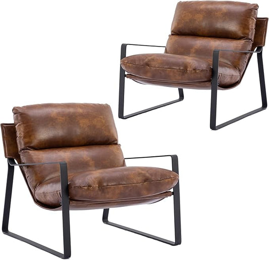 DUOMAY Mid-Century Accent Chair Armchair Set of 2, Comfy PU Leather Leisure Chair Lazy Chair with Metal Leg for Living Room Bedroom Office Apartment, Brown