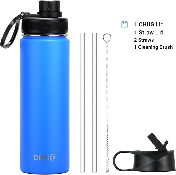 DRINCO Stainless Steel Water Bottle Spout Lid Vacuum Insulated Double Wall Water Bottle Wide Mouth (40oz 32oz 22oz 18oz 14oz) Leak Proof Keeps Cold or Hot (22 oz, 22oz Royal Blue)