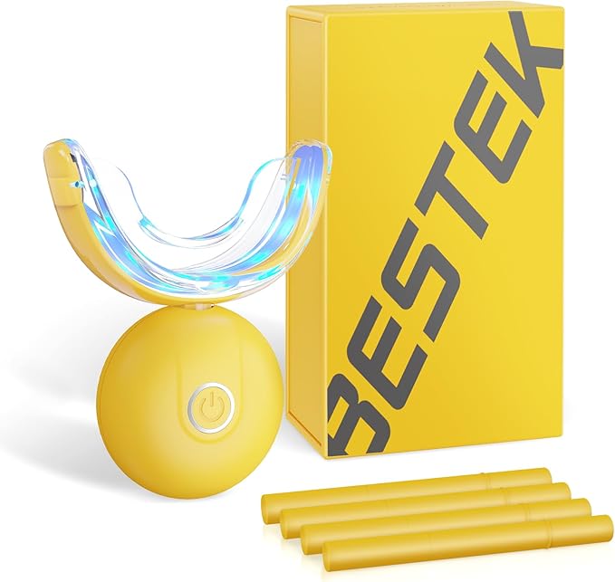BESTEK Teeth Whitening Kit – 32X LED Light, 10-Min Fast Whitening, 4 Tubes of 35% Carbamide Peroxide Gel, Removes Coffee, Wine & Tobacco Stains - Yellow