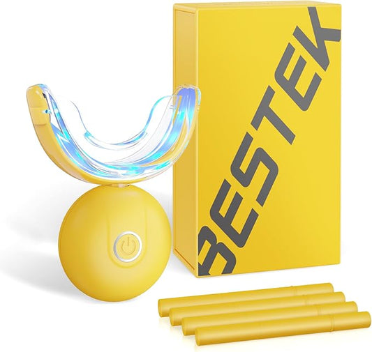 BESTEK Teeth Whitening Kit – 32X LED Light, 10-Min Fast Whitening, 4 Tubes of 35% Carbamide Peroxide Gel, Removes Coffee, Wine & Tobacco Stains - Yellow