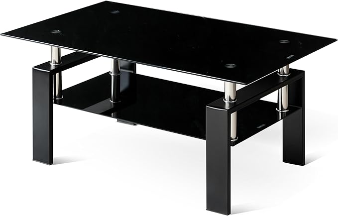 Black Glass Coffee Table for Living Room, Mordern Rectangle Tempered Glass Sofa Center Tables with Black Metal Leg for Home Office